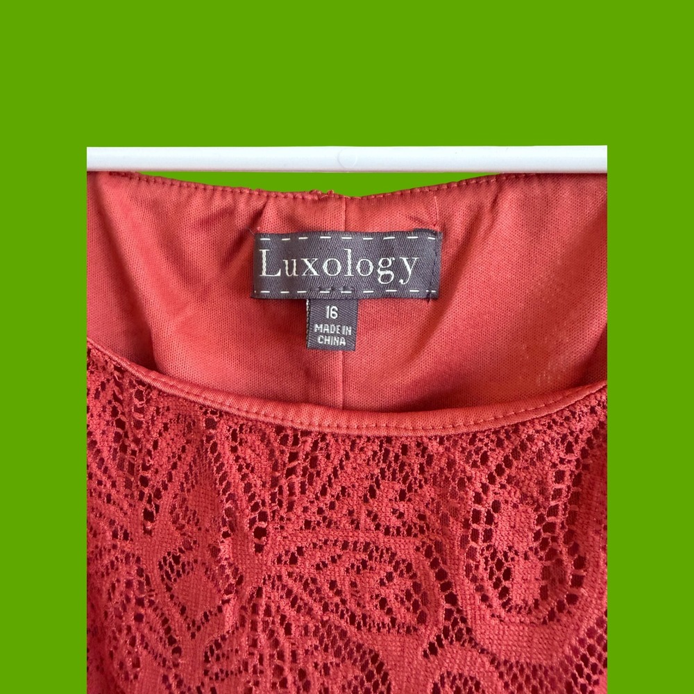 Luxology Rust Red Paisley Lace Handkerchief Hem Sleeveless Dress Womens Size 16 - Picture 4 of 5